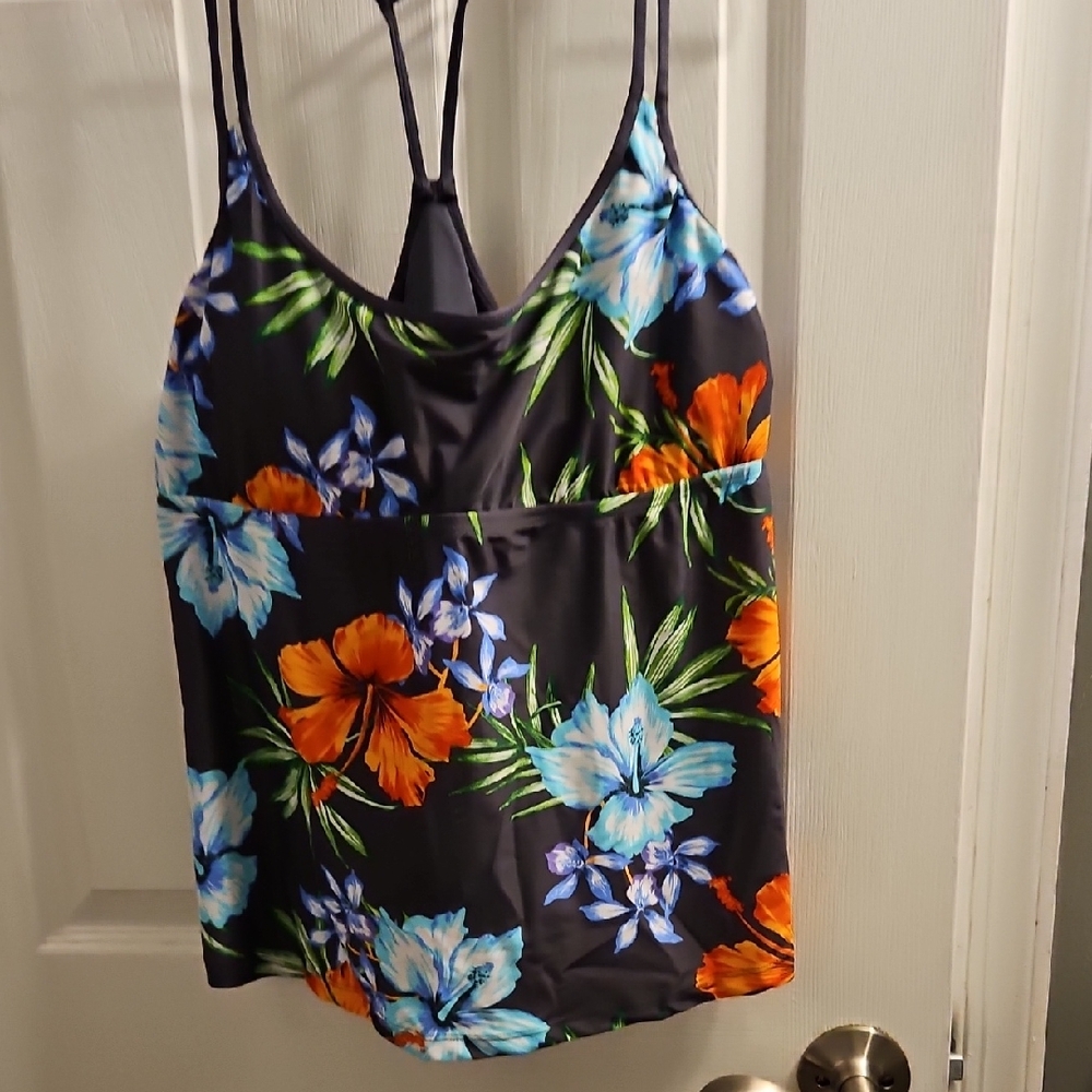 Kona Sol Floral Camisole in Black with Blue and Orange Accents